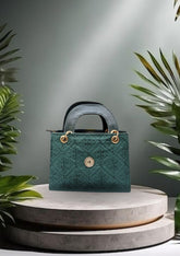 Emerald Green Textured Handbag with Gold Accents